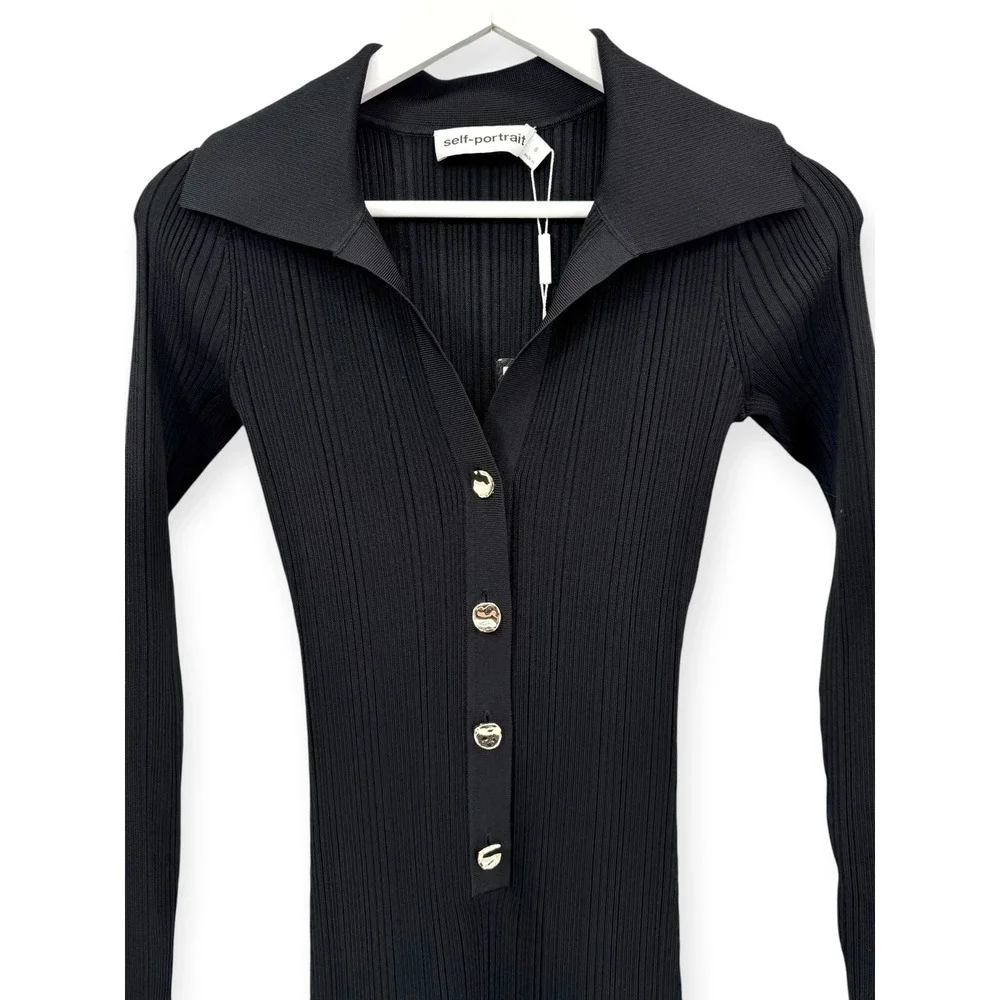 NWT Self-Portrait Black Ribbed Knit Fluted Midi Dress $555 - Size Small - Picture 9 of 16